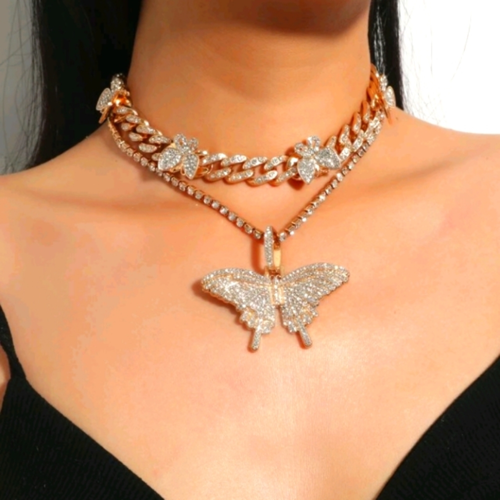 Luxury Rhinestone Chunky Cuban Gold Butterfly Necklace Set